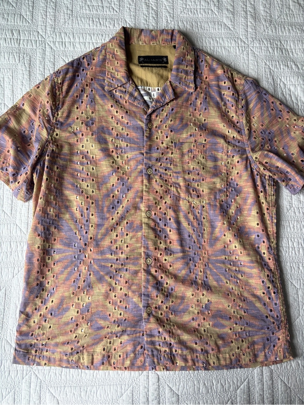 All Saints Men's Short Sleeve Button-Up Shirt in Lavender and Tan Multi